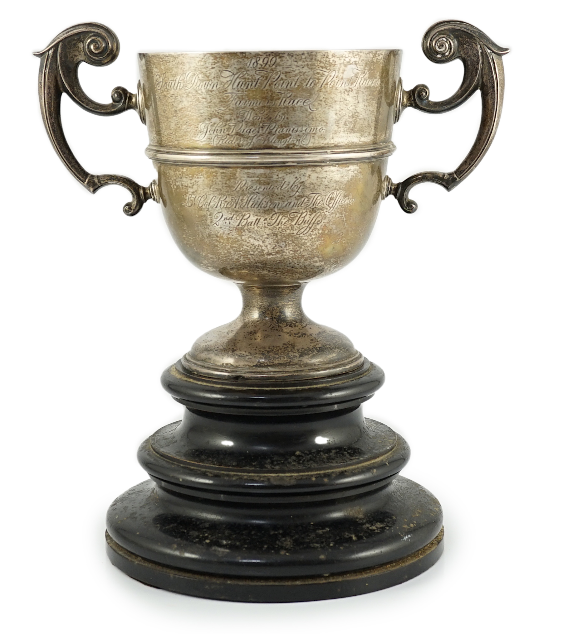 A late Victorian silver two handled trophy cup, with horse racing inscription relating to the South Down Hunt Point to Point, by James Deakin & Sons